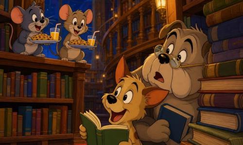 Un petit chien joyeux et curieux, Max, aux oreilles pointues et au pelage beige tacheté de marron, sourit en tenant un livre ouvert entre ses pattes ; à côté, Robert, un gros bouledogue sérieux mais tendre portant de petites lunettes rondes, tient un livre sous la patte ; deux petites souris espiègles, perchées sur une étagère, offrent des biscuits et du jus ; le tout dans une vaste bibliothèque chaleureuse éclairée d’une lumière dorée la nuit, étagères en bois, tapis et escaliers en colimaçon ; Max et Robert, cachés derrière une pile de livres, sont surpris et ravis ; style années 90, couleurs vives, contours doux et textures papier cartoon.