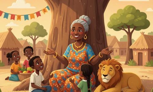 Une femme, Mère Baobab, souriante et sereine, assise au pied d’un grand baobab, mains ouvertes comme pour embrasser l’air, peau brune, cheveux argentés en chignon, vêtue d’un wax orange et bleu, entourée d’un lion doré couché à sa droite et de quatre enfants — un garçon de 7 ans aux cheveux courts assis à gauche, une fille de 6 ans en tresse et robe verte assise devant elle, et deux plus jeunes riant près d’un panier de fruits — sur la place du village aux sols ocres et maisons en terre cuite, sous une lumière douce de coucher de soleil; atmosphère chaleureuse et paisible, composition centrée sur la femme et le lion avec les enfants en demi‑cercle et beaucoup d’espace négatif autour du baobab, rendu aux couleurs chaudes et textures de papier découpé.