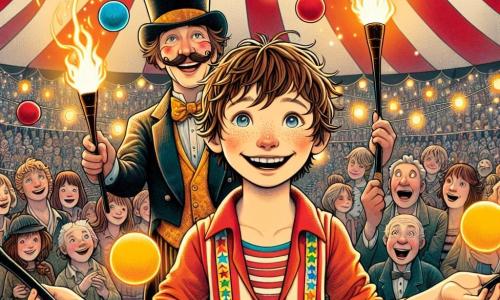 Un garçon de 12 ans, Lucas, se tient au centre de la scène, avec des cheveux bruns en bataille et des yeux pétillants d'excitation. Il porte un costume coloré orné de motifs d'étoiles et de rayures, jonglant avec des balles multicolores, un grand sourire illuminant son visage. À ses côtés, Monsieur Zing, un jongleur d'une cinquantaine d'années avec une moustache flamboyante et un chapeau haut de forme, lance des torches enflammées avec aisance, affichant un sourire complice. En arrière-plan, la tente du cirque, immense et rayée de rouge et de blanc, est remplie de spectateurs émerveillés, leurs visages illuminés par les lumières scintillantes. La scène est animée, avec des confettis tombant du ciel, et l'atmosphère est pleine de joie et de magie, capturant l'essence d'un spectacle de cirque vibrant et coloré.