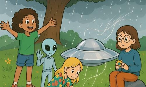 Il y a 4 personnages : Jade, une fille de 10 ans aux cheveux bouclés et bruns, souriante et prête à courir sous la pluie ; Lina, une fille de 9 ans aux cheveux lisses et blonds, accroupie et observant une flaque d'eau ; Zoé, une fille de 10 ans aux cheveux châtains et portant des lunettes rondes, assise sur une pierre avec un petit appareil en forme de fleur ; et Nira, un extraterrestre de petite taille avec une peau bleu pâle, se tenant à côté de Jade. Ils se trouvent sur un plateau verdoyant avec un grand chêne, sous un ciel nuageux où la pluie tombe doucement. Les quatre personnages découvrent un vaisseau argenté brillant sous la pluie, entouré de filaments argentés qui capturent les gouttes, leurs visages exprimant curiosité et émerveillement.