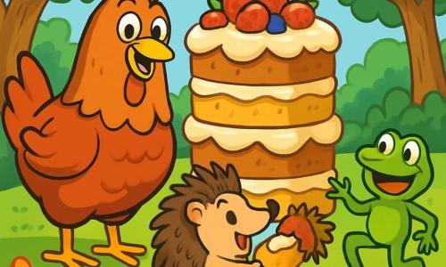 Priscilla, la poule aux plumes rousses, se tient devant un grand gâteau géant, le bec légèrement ouvert et les yeux pétillants d'excitation. À côté d'elle, Ernest le hérisson tente de goûter un morceau de gâteau, tandis que Germaine la grenouille bondit autour d'eux, éclaboussant de crème. La scène se déroule dans une clairière ensoleillée, entourée d'arbres et de fleurs colorées. Le gâteau, décoré de fruits rouges et de crème fouettée, attire tous les animaux de la forêt, célébrant le succès de la boulangerie de Priscilla avec un grand banquet rempli de rires et de joie.