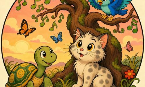 Minou, chat duveteux crème tacheté de gris aux yeux ambre, assis et ronronnant, queue enroulée autour des pattes ; Torti, tortue à carapace verte ornée de motifs jaunes, posant une patte sur une pierre à gauche du chat et souriant doucement ; Pipo, oiseau au plumage azur aux reflets turquoise perché sur une branche au-dessus du chat, ailes légèrement déployées ; le trio partage un moment de paix sous un grand arbre au tronc torsadé et mousseux et aux feuilles en forme de notes de musique, sur une pelouse fleurie avec papillons, ciel pastel rose-orangé ; compositions rondes, gestes doux, couleurs chaudes contrastées et contours noirs épais style vintage.