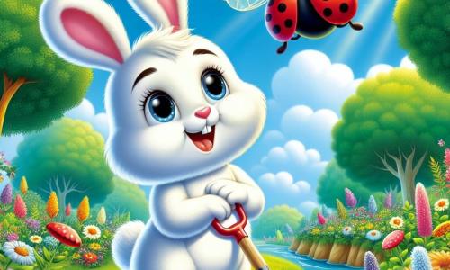Un petit lapin nommé Léo, avec un pelage blanc et des grandes oreilles, regarde un ciel bleu clair en tenant une petite pelle. Il sourit, fier d'avoir aidé la nature. À ses côtés, Léa, une coccinelle rouge, vole joyeusement autour de lui, l'encourageant. Ils se trouvent dans une forêt verdoyante, remplie de fleurs colorées et d'arbres majestueux. Léo et Léa célèbrent leur succès après avoir planté des fleurs et nettoyé la forêt, entourés de leurs amis animaux qui les applaudissent, créant une atmosphère de joie et d'harmonie.