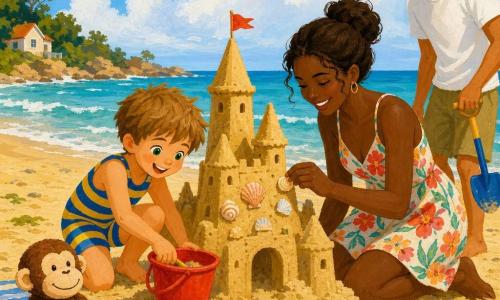 Un garçon de 4 ans joyeux aux cheveux châtain clair en bataille et yeux verts, en maillot rayé bleu et jaune, creuse dans le sable avec un petit seau rouge pour façonner un grand château; la mère (~32 ans), cheveux bruns en chignon et robe d'été à fleurs, agenouillée, colle des coquillages sur les murs; le père (~34 ans), cheveux courts noirs, T-shirt blanc et short kaki, rit en tenant une pelle à droite; Coco, petit singe en peluche brun au visage beige souriant, est posé sur une serviette rayée; plage de sable doré sous un soleil chaud, mer turquoise à petites vagues blanches, quelques coquillages et algues, ciel bleu clair avec nuages cotonneux; scène familiale de construction de château de sable, gestes affectueux, ambiance lumineuse, couleurs saturées et textures de peinture acrylique visibles.
