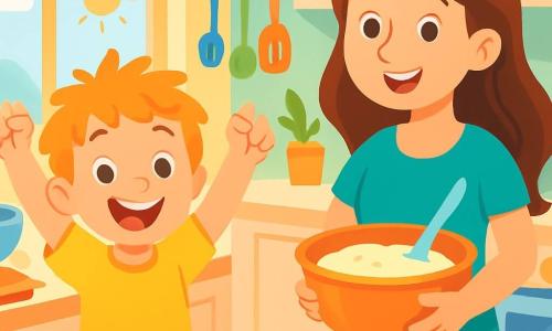 Léo, un garçon de 6 ans aux cheveux ébouriffés et joues rondes, sourit avec enthousiasme dans une cuisine lumineuse. Il porte un tee-shirt jaune et un pantalon bleu, les bras levés en signe de victoire. Sa maman, une femme d’une trentaine d’années aux cheveux bruns, sourit fièrement en tenant un saladier de pâte à gâteau. La cuisine aux couleurs pastel est éclairée par la lumière du soleil, avec des ustensiles colorés et un four en arrière-plan. Léo est ravi d'avoir réussi à s'habiller seul et à préparer un gâteau, prêt à partager ce moment joyeux avec sa maman.