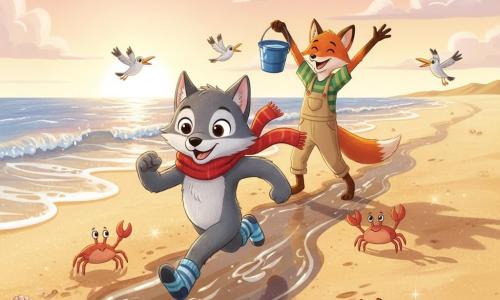Léo, petit loup anthropomorphe au pelage gris et aux yeux malicieux, porte une écharpe rouge et des chaussettes épaisses; il sourit en courant sur un chemin de sable humide. Max, renard roux en salopette beige, se tient en retrait à droite, bras levés, tenant un seau bleu plein d’eau et encourageant. Autour d’eux, quelques crabes et oiseaux de plage apportent de la vie; la plage large aux sables dorés scintille sous un soleil bas, vagues douces, coquillages et empreintes visibles; un sentier d’eau brillante contraste avec le sable sec. Ambiance joyeuse et lumineuse, couleurs saturées, formes simples, style jeunesse, composition centrée sur Léo avec horizon bas montrant mer et ciel pastel.