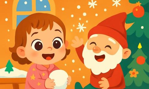 Une petite fille de 2 ans, Emma, avec de grands yeux brillants et un sourire éclatant, est assise sur le sol de sa maison. Elle porte un pyjama rose avec des étoiles et tient une boule de neige dans ses petites mains. À côté d'elle, Lutin Farceur, un petit lutin espiègle avec un bonnet rouge pointu et une barbe blanche, rit en lançant des flocons de neige dans les airs. La maison est chaleureuse, décorée de guirlandes colorées et de lumières scintillantes, tandis que des flocons de neige tombent doucement à l'intérieur. Emma regarde avec émerveillement le lutin qui s'amuse à cacher des décorations de Noël. La scène est pleine de joie et de magie, illuminée par des éclats de rire et des couleurs vives.