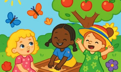 Trois personnages sont présents : Lili, une fille de 3 ans aux boucles dorées et à la robe rose à pois, assise dans l'herbe, curieuse ; Mimi, avec des tresses et un t-shirt bleu, accroupie dans le bac à sable, souriante ; et Nini, portant un grand chapeau coloré et une robe verte à fleurs, debout en chantant joyeusement. Le cadre est un jardin fleuri avec des roses rouges, des tournesols jaunes et un pommier chargé de fruits. Les trois amies cherchent leur goûter perdu en riant et chantant, créant une ambiance joyeuse et vivante, entourées de papillons colorés.