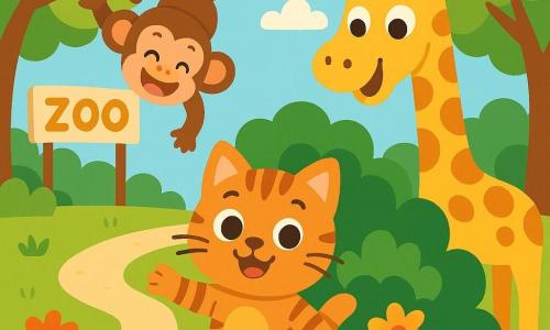 Un chat espiègle nommé Chacha se tient debout sur ses pattes arrière, avec des yeux pétillants et un sourire malicieux. À côté de lui, Lili la girafe se penche en riant, tandis que Toto le singe saute d'une branche à l'autre. La scène se déroule dans un zoo ensoleillé, avec des arbres et des fleurs colorées. Chacha propose de jouer à cache-cache, entouré de rires, tandis que Lili se cache et que Toto se balance.