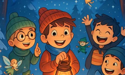 Quatre enfants se tiennent dans une clairière enchantée : Léo, 9 ans, cheveux bruns en bataille, souriant au centre avec une lanterne magique ; Tom, 9 ans, cheveux blonds et lunettes rondes, à gauche de Léo, pointant une étoile dans le ciel ; Max, 9 ans, cheveux noirs et taches de rousseur, à droite de Léo, sautant de joie ; Jules, 9 ans, cheveux châtains, légèrement en arrière, riant avec enthousiasme. La clairière est entourée d'arbres enneigés et peuplée de créatures féeriques dansant autour d'un feu. Les enfants, émerveillés, se préparent à faire un vœu à la première étoile du Nouvel An, créant une ambiance joyeuse et magique.