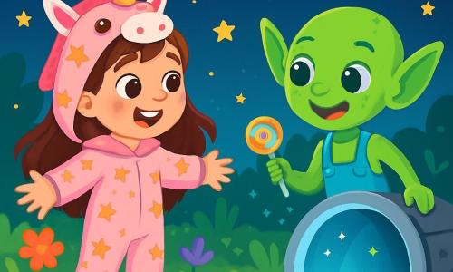 Une petite fille de six ans, avec de longs cheveux bruns et des yeux curieux, porte un pyjama licorne rose avec des étoiles dorées. Elle se tient debout dans son jardin, les bras écartés, le visage illuminé par l'émerveillement. À côté d'elle, un petit extraterrestre vert, avec de grandes oreilles pointues et un sourire éclatant, porte une salopette brillante et tient une sucette multicolore. Le jardin est rempli de fleurs colorées, d'herbe verte et d'un ciel étoilé où une porte ronde s'ouvre dans le sol, laissant échapper une lumière bleue scintillante. Léa, émerveillée, s'approche de la porte magique, tandis que Zouzou, l'extraterrestre, l'invite joyeusement à entrer dans sa soucoupe, créant une atmosphère de magie et d'aventure.