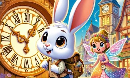 Léo, un petit lapin blanc aux grandes oreilles et aux yeux curieux, se tient devant une horloge géante en bois, son visage exprimant excitation et détermination. Il porte un sac à dos rempli de trésors et regarde l'horloge arrêtée. À ses côtés, une fée aux ailes scintillantes, vêtue de pétales de fleurs colorées, sourit avec gratitude et lève sa baguette magique, prête à réveiller la magie de la ville. Le décor est une place animée avec des bâtiments colorés et des fleurs entre les pavés, sous un ciel bleu parsemé de nuages. Léo et la fée s'apprêtent à relancer l'horloge magique, apportant lumière et vie à la ville endormie.