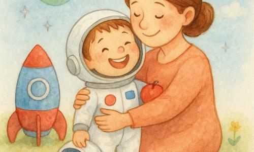 Léo, un garçon souriant en petite combinaison spatiale blanche tenant une petite pomme rouge, casque posé à côté de lui, saute dans les bras de sa maman d’une trentaine d’années aux cheveux bruns attachés et au visage chaleureux, debout près d’une fusée petite et arrondie rouge et bleue sur un champ herbeux parsemé de fleurs jaunes ; ciel bleu pâle, nuages doux, planète verte ronde à l’horizon et étoiles argentées scintillantes ; scène d’atterrissage tendre et rassurante, gestes calmes, palette aquarelle pastel, contours légers et texture papier visible.