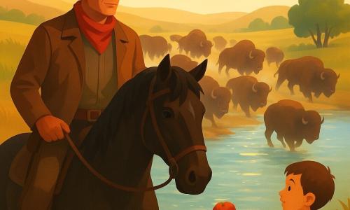 Un cow-boy d'environ cinquante ans, visage bronzé, calme et déterminé, chapeau de feutre brun, foulard rouge, veste en cuir usée et bottes poussiéreuses, tient la bride de son cheval sombre et guide une troupe de bisons au bord d'une rivière scintillante; un garçon d'environ huit ans, cheveux bruns courts, vêtements simples et regard émerveillé, se tient sur la berge droite en tenant timidement une moitié de pomme tendue vers le cow-boy; les bisons massifs au pelage brun foncé, certains dans l'eau, d'autres montant la rive et soulevant un peu de poussière; la rivière claire reflète la lumière argentée; vaste prairie ondulante sous un ciel doré de fin d'après-midi, herbes hautes blondes, collines basses et quelques saules sur la berge; scène dynamique et rassurante, lumière chaude et contrastes de bruns profonds, verts doux et or lumineux.