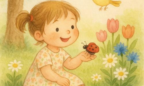 Une fillette de 4 ans aux couettes et au sourire émerveillé, en robe printanière à petites fleurs, est assise sur l'herbe verte et tend la main; une coccinelle rouge à points noirs se pose dessus tandis qu'un petit oiseau jaune pâle, Pipou, vole au-dessus des fleurs; le jardin aux tulipes roses, marguerites et bleuets, avec un grand arbre en arrière-plan, baigne dans une lumière douce de fin de matinée, atmosphère claire et joyeuse, couleurs pastel et touches d'aquarelle.