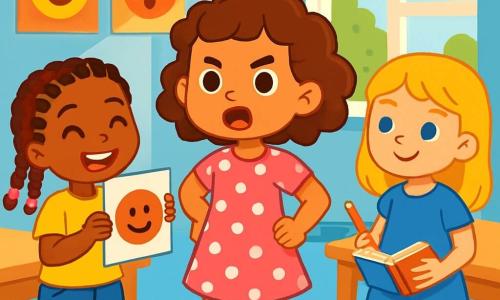 Trois personnages sont présents : Mia, une fille de 6 ans aux cheveux bouclés et bruns, avec une robe rose à pois blancs, se tient au centre avec une expression déterminée ; Léa, à gauche de Mia, a des nattes colorées, porte un t-shirt jaune et un short en jean, et sourit en tenant un dessin ; Emma, à droite de Mia, a des cheveux lisses et blonds, vêtue d'une robe bleue, tient un crayon et un cahier. L'action se déroule dans une salle de classe lumineuse aux murs bleu clair, avec des affiches sur les émotions et des bureaux en demi-cercle. Les trois filles partagent leurs sentiments dans une atmosphère chaleureuse et bienveillante, remplie de rires et de soutien.