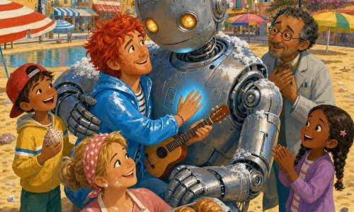 Léo, jeune homme souriant aux cheveux roux en bataille et blouson bleu ciel, tient une petite guitare en bois et émet une douce lumière bleue de la paume en caressant le torse d’un grand robot chromé, massif mais bienveillant, bras en demi-étreinte, yeux ambre et traces de panneaux et mousse de savon sur son métal ; autour d’eux, une fillette de six ans aux tresses brunes applaudit près du sable, un garçon de sept ans casquette rouge rit en tenant un coquillage à gauche, M. Polo, quinquagénaire lunettes rondes et blouse grise, les mains sur la poitrine, se tient derrière le cercle, et Mina, boulangère d’environ quarante ans au tablier poudré de farine, sourit en tenant un plateau de croissants ; décor : plage urbaine au cœur de la ville avec sable doré, coquillages, parasols colorés, bassin réfléchissant, façades vives, lampadaires décorés et guirlandes lumineuses ; ambiance chaleureuse, couleurs saturées, textures de peinture acrylique, traits doux et composition centrée et rassurante.
