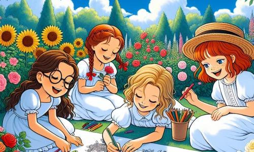 Dans un jardin ensoleillé, quatre filles sont réunies. Louise, 8 ans, avec des cheveux bruns et des lunettes, est assise sur une couverture à fleurs, tenant des crayons de couleur. À sa droite, Emma, 7 ans, avec des cheveux blonds et des nattes, dessine des fleurs. Chloé, 9 ans, aux cheveux roux et aux taches de rousseur, montre son dessin de rose. Zoé, 8 ans, avec des cheveux châtains et un chapeau de paille, se cache derrière un arbre en riant. Le jardin est rempli de fleurs colorées et un ciel bleu s'étend au-dessus d'elles. Les filles s'amusent à dessiner et à jouer, créant une atmosphère joyeuse et pleine de vie.