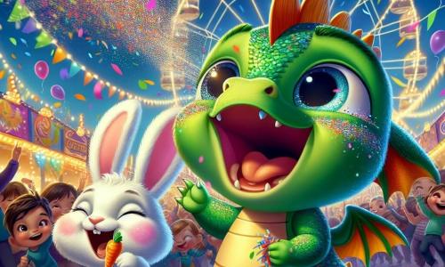 Un petit dragon nommé Flamme, avec des écailles vertes et des yeux joyeux, éternue des confettis multicolores. Il sourit au centre d'une scène pleine de rires et de couleurs. À ses côtés, Grignote, un lapin blanc aux grandes oreilles, grignote une carotte en sucre, partageant l'excitation de Flamme. En arrière-plan, une grande roue illuminée tourne lentement, entourée de guirlandes scintillantes et de ballons colorés. Des enfants et des familles dansent, créant une ambiance festive. La scène illustre la célébration du carnaval, symbolisée par les confettis, représentant la magie et la joie de cette journée inoubliable.