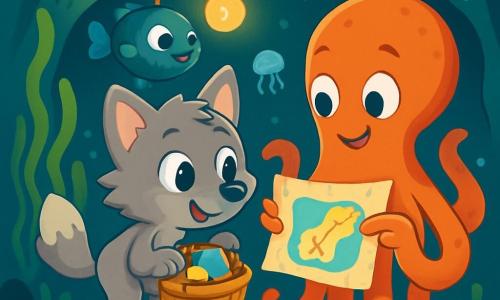 Lino, un petit loup aux yeux brillants et à la fourrure douce, se tient sur un rocher recouvert d'algues, curieux et émerveillé. Il tient un panier en osier rempli de cartes colorées, penché en avant, prêt à explorer. À ses côtés, Octave, un grand poulpe aux bras ondulants et aux couleurs vives, sourit et montre une carte à Lino. Un poisson-lampe nage autour d'eux, illuminant la scène d'une douce lumière. Le décor se déroule dans une grotte sous-marine, avec des algues flottantes et des méduses dansantes, créant une ambiance magique. Lino et ses amis découvrent des cartes anciennes, prêts à plonger dans une nouvelle aventure sous la mer, entourés de mystères.