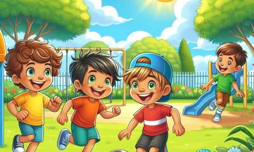 Cinq personnages principaux : Léo (7 ans, cheveux bruns bouclés, t-shirt jaune, short bleu) sourit à gauche, prêt à jouer. Maxime (7 ans, cheveux blonds lisses, t-shirt rouge, pantalon vert) court vers le ballon à droite de Léo. Sam (7 ans, cheveux châtains, chapeau bleu, t-shirt orange, short noir) est accroupi et rit derrière Maxime. Hugo (7 ans, cheveux noirs courts, t-shirt vert clair, pantalon bleu marine) se tient à côté de Sam, pointant vers le ballon. Noé (7 ans, cheveux châtains, fauteuil roulant coloré, t-shirt violet, short beige) sourit au centre, tenant un ballon de foot. Le décor est un parc ensoleillé avec des arbres verts, des fleurs colorées et un ciel bleu. Les quatre amis jouent au foot avec Noé comme gardien, illustrant l'esprit d'équipe et l'amitié.