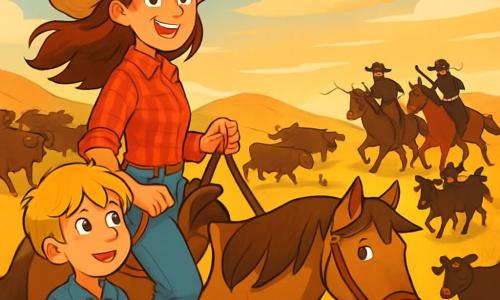 Eliza, une jeune femme cow-boy, se tient fièrement sur sa jument Sable, avec un chapeau de paille et un sourire déterminé. Ses cheveux châtains flottent au vent, et elle porte une chemise à carreaux rouge et un jean usé. À proximité, Tommy, un garçon de 10 ans aux cheveux blonds en bataille, l'observe avec admiration, prêt à l'aider. Le décor est une prairie baignée par la lumière dorée du soleil couchant, avec des collines à l'horizon et un ciel teinté de nuances orangées. Eliza et Tommy rassemblent un troupeau de vaches effrayées, tandis qu'un groupe de voleurs de bétail s'approche à cheval, créant une tension palpable. Eliza est prête à défendre son troupeau avec courage et ruse.