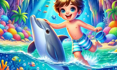 Un garçon de 6 ans, Louis, avec des cheveux bruns en bataille et des yeux curieux, nage joyeusement dans une eau turquoise, souriant largement. Il porte un maillot de bain rayé bleu et blanc et tient un petit seau bleu. À ses côtés, un dauphin souriant aux écailles grises fait des pirouettes, créant des éclaboussures. Le décor est une caverne sous-marine magique, avec des murs aux couleurs vives, des coquillages scintillants et des coraux multicolores. Des poissons éclatants nagent autour, ajoutant à l'atmosphère féerique. Louis et le dauphin explorent un jardin sous-marin secret, rempli de plantes ondulantes et de fleurs de mer, découvrant la beauté cachée de l'océan.