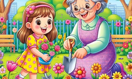 Une petite fille de 6 ans, Lucie, sourit en plantant des fleurs colorées dans la cour de l'école. Elle porte une robe jaune à pois et des sandales roses, accroupie avec des pots de fleurs autour d'elle. Sa grand-mère, avec des cheveux gris et un chapeau de jardinier, l'encourage en lui montrant comment planter les graines. La cour est verdoyante, avec des arbres en arrière-plan et des fleurs écloses, créant un jardin joyeux, symbolisant l'amour pour la nature et l'importance de préserver notre planète.