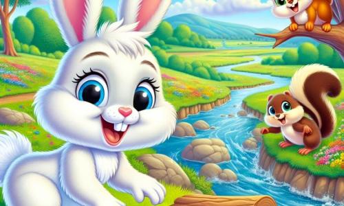 Au premier plan, Lapinou, un jeune lapin aux longues oreilles soyeuses et au pelage blanc éclatant, sourit en ramassant des déchets près d'un ruisseau, tenant une bouteille en plastique. À côté, Choupi l'écureuil, avec ses yeux pétillants et son pelage brun, grimpe sur une branche en tenant une noisette tout en observant le ruisseau. Plus loin, Mireille la mésange, aux plumes bleues et jaunes, vole autour du ruisseau à la recherche de déchets. La scène se déroule dans une prairie verdoyante avec des fleurs colorées et un ruisseau scintillant, sous un ciel bleu parsemé de nuages. Lapinou et ses amis s'activent ensemble pour nettoyer le ruisseau, montrant leur détermination à protéger leur environnement.