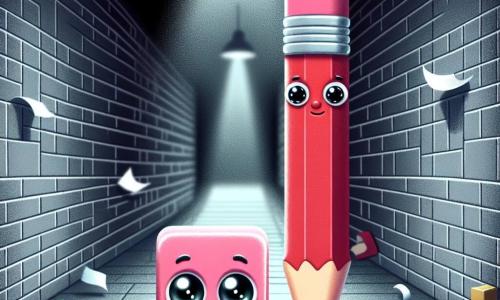 Gigi, une petite gomme rose aux yeux ronds, se tient au centre d'un couloir sombre, affichant peur et détermination. Elle est légèrement courbée, prête à avancer, avec une main tendue. À ses côtés, Raoul, un crayon rouge élancé, montre du courage, son regard fixé sur l'obscurité. Le couloir est long et étroit, avec des murs en briques grises et des ombres projetées par une lumière vacillante. Des papiers volants et des chaises renversées créent une atmosphère de mystère. Gigi et Raoul sont prêts à affronter leurs peurs, déterminés à avancer malgré les ombres menaçantes.