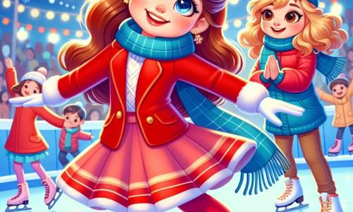 Louise, une fille de 10 ans aux longs cheveux bruns et aux joues roses, patine avec un sourire éclatant, vêtue d'un manteau rouge et de gants blancs. À ses côtés, Emma, également âgée de 10 ans, avec des cheveux blonds et bouclés, l'encourage en souriant, portant une écharpe bleue et un bonnet assorti. La patinoire est animée, entourée de familles et d'amis avec des lumières scintillantes et des flocons de neige. Louise et Emma réalisent une chorégraphie synchronisée sur la glace, tandis que les spectateurs applaudissent.