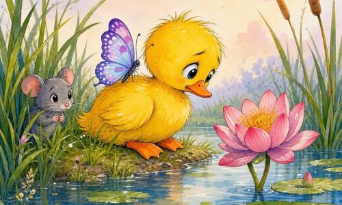 Canard jaune vif au bec orange, plumes ébouriffées, triste mais curieux, assis au bord d’un étang en regardant une fleur; un grand papillon translucide aux motifs violets et bleus posé sur son dos le réconforte; une petite souris grise aux yeux brillants, cachée dans l’herbe à gauche, observe avec espoir; étang calme avec nénuphars et fleurs roses et jaunes, herbes et roseaux, ciel pastel — atmosphère chaleureuse et tendre, composition centrée sur le canard et le papillon.