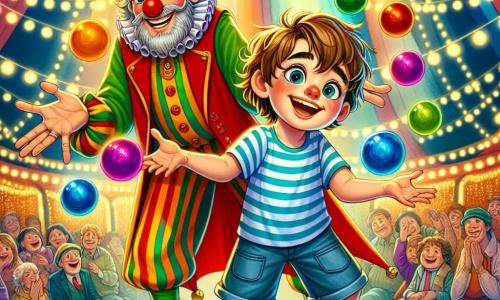 Léo, un garçon de 10 ans aux cheveux bruns en bataille et aux yeux curieux, se tient au centre de la scène avec un grand sourire. Il porte un t-shirt rayé coloré et un short en jean, tenant des balles multicolores, prêt à jongler. À ses côtés, le Clown Farceur, un homme d'environ 40 ans avec un nez rouge et un chapeau pointu, rit en lui montrant comment jongler. Ils sont sous un chapiteau de cirque décoré de lumières scintillantes, entourés de spectateurs émerveillés. La scène illustre Léo et le Clown Farceur préparant un numéro de jonglage dans une ambiance festive et magique.