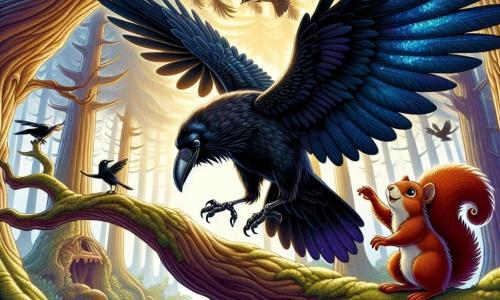 Un corbeau aux plumes noires étincelantes, avec des reflets bleu nuit, se tient sur une branche d'un vieux chêne, prêt à s'envoler. À ses côtés, un petit écureuil roux l'encourage, perché sur une branche plus basse. En arrière-plan, le Bois des Songes s'étend avec des arbres tortueux et des rayons de soleil filtrant à travers la brume. La scène évoque une atmosphère d'aventure et de magie, alors que le corbeau se prépare à traverser le pont de brume pour atteindre la Perle d'Argile, symbole de courage et de rêve.