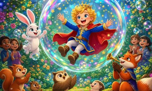 Jeune prince blond aux yeux bleus, vêtu d'une robe courte bleue à bordures dorées et d'une cape rouge, rit en flottant dans une grande bulle de savon arc‑en‑ciel ; à gauche un lapin blanc joueur saute en pirouettes, à droite un renard roux malicieux assis sur une racine joue de la trompette dorée en applaudissant, autour un écureuil et une chouette applaudissent et lancent des petites bulles scintillantes ; scène festive dans un dôme de cristal au cœur d'une forêt enchantée, murs facettés projetant reflets colorés, tapis de mousse fleurie et rayons de soleil dorés, bulles géantes et pluie d'étoiles quand elles éclatent, style dessin animé 2D aux lignes douces, couleurs vives et expressions souriantes.