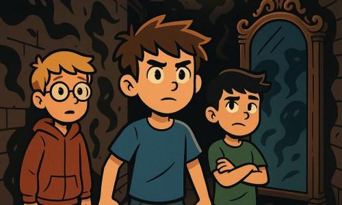 Trois personnages se tiennent dans un vieux couloir d'école sombre : Lucas, 12 ans, cheveux bruns en bataille, t-shirt bleu, observant un miroir mystérieux ; Max, 12 ans, cheveux blonds, lunettes rondes, en retrait à gauche, inquiet mais intrigué ; et Hugo, 12 ans, cheveux noirs, t-shirt vert, à droite de Lucas, affichant une bravoure feinte. Le couloir, avec ses murs en briques fissurées et une vieille lampe vacillante, crée une atmosphère angoissante. Les trois amis sont confrontés à un grand miroir qui semble les appeler, des ombres dansent autour d'eux, tandis que Lucas s'avance courageusement vers le miroir, prêt à découvrir la vérité cachée.