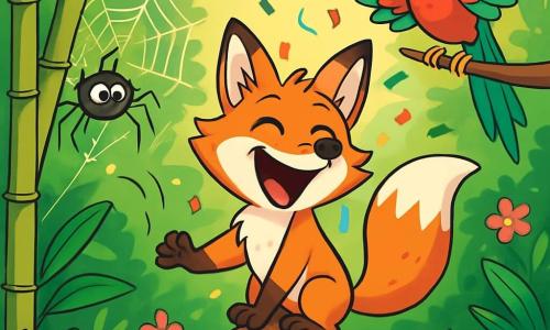 Un renard espiègle au pelage orange vif, nommé Fripouille, se tient sur une noix de coco, riant. À ses côtés, une araignée nommée Bibi tisse une toile entre deux bambous, souriante. Un perroquet coloré, Coco, chante en battant des ailes, perché au-dessus d'eux. La scène se déroule dans une jungle luxuriante, remplie de feuillages, de fleurs éclatantes et de rayons de soleil créant des ombres dansantes. Fripouille prépare une farce en lançant des noix de coco en l'air, tandis que des confettis volent autour de lui, ajoutant une touche festive à l'atmosphère joyeuse.
