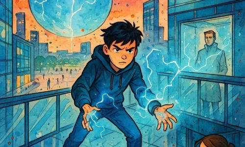 Maël, garçon préadolescent d’environ 13 ans, visage concentré, cheveux noirs en bataille, sweat à capuche sombre et baskets, tient les paumes ouvertes au-dessus d’une passerelle vitrée tandis qu’arcs électriques bleu‑cyan coulent autour de ses doigts et qu’un bracelet métallique pulse d’un halo; derrière lui, Inès, 13 ans, cheveux attachés et veste claire, est dans une petite salle de contrôle vitrée, mains sur un écran tactile, regardant Maël et l’interface; à quelques mètres sur la même passerelle Silex Varn, homme d’environ 45 ans en manteau clair, visage calme et légèrement méprisant, l’observe depuis l’autre côté d’une barrière d’énergie translucide; la passerelle suspendue entre deux tours de verre a un plancher transparent craquelé au‑dessus d’un vide vertigineux et d’une grande place urbaine dominée par une énorme sphère météo transparente parcourue d’arcs électriques; Maël canalise l’électricité pour stabiliser le dôme tandis qu’Inès tente un verrouillage sur son écran et Varn surveille, dans une atmosphère dramatique au crépuscule aux contrastes marqués entre lumières bleues électriques et ombres de verre.