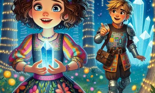 Zoé, une fille de 9 ans aux cheveux châtains bouclés et aux yeux curieux, se tient au centre d'une clairière enchantée, un sourire émerveillé sur le visage. Elle porte une robe colorée avec des motifs floraux et tient un petit cristal brillant. À ses côtés, Félix, un garçon d'environ 10 ans en armure de pièces d'ordinateur et casque en forme de casserole, l'observe avec admiration. La clairière est magique, entourée d'arbres argentés et de fleurs lumineuses. Un cristal géant flotte au centre, émettant une douce mélodie. Zoé et Félix découvrent le Cristal Chantant, un artefact magique qui protège leur monde, et s'apprêtent à résoudre le mystère de son affaiblissement.