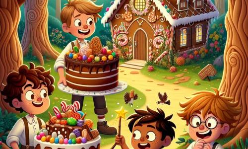 Dans une forêt enchantée, quatre garçons se tiennent devant une maison en pain d'épice décorée de bonbons. Gaspard, 10 ans, avec des cheveux bouclés et une baguette magique, sourit en montrant un immense gâteau au chocolat. À sa droite, Lucas, 9 ans, aux lunettes rondes, regarde le gâteau avec émerveillement. À gauche, Maxime, 10 ans, rit en tenant une part de gâteau. Enfin, Théo, 9 ans, éternue après avoir goûté une bouchée épicée. La forêt est remplie d'arbres aux troncs noueux, de fleurs colorées et de chants d'oiseaux. Les garçons découvrent un gâteau magique qui change de goût à chaque bouchée, entourés de chaussettes dansantes, créant une scène joyeuse.