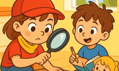 Lila, une petite fille de 4 ans avec une casquette rouge et un foulard jaune, examine un morceau de biscuit avec une loupe, affichant un regard curieux. À ses côtés, son frère Tom, 3 ans, tient un crayon et un carnet, tandis que leur sœur Emma, 2 ans, joue avec une peluche. La scène se déroule dans une cuisine lumineuse aux murs jaunes, où une assiette de biscuits trône sur la table. Les enfants sont en pleine enquête pour résoudre le mystère du biscuit disparu, plongés dans une atmosphère de jeu et d'aventure.