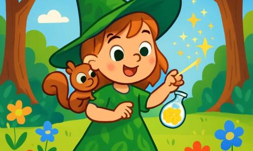 Une fillette de six ans, Lila, apprentie sorcière, se tient au centre de la clairière. Elle porte une robe verte ornée de motifs de feuilles et un chapeau pointu. Son visage exprime détermination et émerveillement alors qu'elle mélange une poudre scintillante dans une fiole. À ses côtés, un écureuil brun nommé Tino grimpe sur son épaule, observant attentivement. La clairière est entourée de grands arbres et le sol est parsemé de fleurs colorées. Des rayons de soleil filtrent à travers les feuilles, illuminant la scène. Lila murmure des mots magiques, et la poudre scintillante brille intensément, créant une atmosphère enchantée.