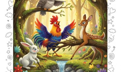 Un coq au plumage arc‑en‑ciel, déterminé et souriant, ailes légèrement déployées, chante et repousse des branches pour libérer une source; à gauche, Léon le lapin blanc aux oreilles longues creuse la terre en montrant l'effort; à droite, Fleur la biche élancée soulève gracieusement une grosse branche près de la source; un vieux hibou gris aux plumes froissées et lunettes rondes, perché sur une branche au‑dessus, indique la direction de l'eau; la scène se déroule dans une clairière de forêt enchantée aux troncs noueux, mousses vertes, fleurs lumineuses et petites lucioles dorées; au centre jaillit une petite source d'eau claire entre des pierres moussues, l'eau scintille et ravive les fleurs; composition joyeuse et chaleureuse, couleurs vives saturées, textures de gouache visibles et lumières dorées du matin filtrant à travers les feuilles, expressions amicales et coopération évidente.