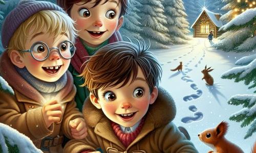 Dans une forêt enchantée, trois garçons se tiennent ensemble, entourés de neige scintillante. Lucas, 8 ans, sourit en tenant une lettre jaunie. À sa droite, Maxime, 9 ans, observe un écureuil, tandis qu'à gauche, Théo, 8 ans, pointe un chalet en bois décoré de guirlandes lumineuses. La forêt est magique avec des arbres majestueux et des flocons tombant du ciel étoilé. Les amis, excités, se préparent à rencontrer le Père Noël pour lui remettre une lettre spéciale d'un camarade de classe pour réaliser un vœu de Noël.