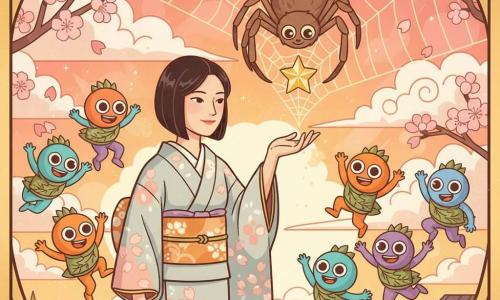 Une femme au sourire doux et regard courageux, cheveux noirs jusqu'aux épaules et kimono pastel à motifs de pétales, tend la main vers une petite étoile scintillante prise dans une grande toile d'araignée tandis qu'un groupe d'obake ronds et colorés aux yeux brillants danse alentour; au-dessus, une grande araignée brune et velue aux yeux amicaux se penche prête à lâcher l'étoile; la scène se déroule au sommet d'une montagne au crépuscule, encadrée de branches de cerisier en fleurs et de nuages blancs, avec quelques maisons en contrebas — ambiance chaleureuse et dorée, gestes de partage et danse joyeuse.