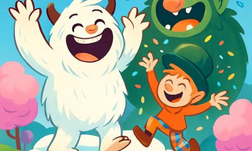 Un yéti joyeux nommé Gloubi, avec une fourrure blanche et un grand sourire, rit aux éclats les bras levés. À ses côtés, un lutin farceur nommé Bibou, avec un chapeau melon trop grand, saute de joie en lançant des confettis. Derrière eux, un troll vert nommé Grumpf, avec un visage souriant, rit aussi. La scène se déroule au sommet de la Montagne-Atchoum, entourée d'arbres en barbe à papa et de rivières de limonade. Le ciel est bleu vif avec des nuages souriants. Gloubi, Bibou et Grumpf chantent une chanson drôle, entraînant tous les habitants de Fluffland dans une danse joyeuse.