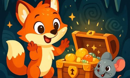 Un petit renard orange nommé Félix, aux yeux malicieux et à la fourrure brillante, se tient devant un coffre en bois orné de pierres précieuses, prêt à l'ouvrir avec émerveillement. À ses côtés, une petite souris grise nommée Lila, aux grands yeux curieux, regarde le coffre avec excitation. La scène se déroule dans une grotte mystérieuse, illuminée par des lumières scintillantes qui mettent en valeur des stalactites et des gravures anciennes. Ensemble, Félix et Lila découvrent un trésor rempli de fruits dorés et de bijoux, symbolisant l'aventure et l'amitié dans la forêt enchantée.