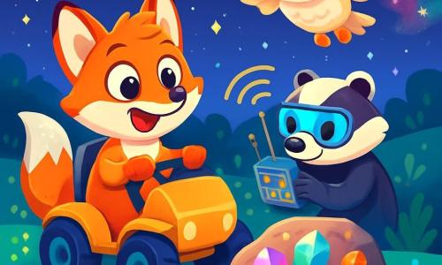 Filou, un petit renard aux poils orange vif et à la queue argentée, observe avec émerveillement un vieux rocher orné de cristaux multicolores. Assis dans son rover lunaire, il sourit, les pattes sur le volant. À ses côtés, Ziggy, un blaireau à la fourrure rayée noir et blanc, porte des lunettes de protection et manipule un appareil électronique clignotant. Plume, une chouette aux plumes crémeuses, vole au-dessus, curieuse. Ils se trouvent sur une colline aux Météores, entourés de pierres scintillantes et de végétation luminescente, sous un ciel étoilé et coloré. Ils découvrent un mystérieux signal émanant du rocher, dans une ambiance d'aventure et de magie.