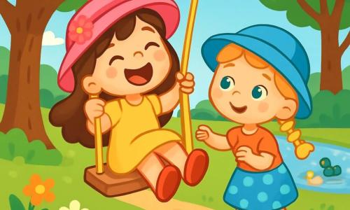 Deux petites filles de 4 ans, Léa et Chloé, jouent dans un parc ensoleillé. Léa, avec de longs cheveux bruns, un chapeau rose à fleurs et une robe jaune, s'amuse sur une balançoire, riant aux éclats. Chloé, avec des cheveux blonds en tresses, un chapeau bleu et une jupe à pois, se tient à côté, prête à la pousser. Le parc est verdoyant, avec des arbres, un étang où nagent des canards et des fleurs colorées, créant une ambiance joyeuse d'une belle journée d'été.