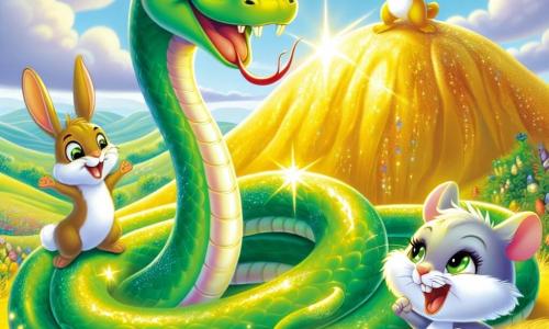 Un serpent nommé Slinky, avec une peau verte éclatante et des écailles brillantes, se tient joyeusement au sommet d'une colline dorée. À ses côtés, un lapin nommé Loulou, avec un pelage blanc, saute de joie, tandis qu'une petite souris nommée Mimi les regarde avec enthousiasme. Le décor est une colline baignée de lumière, entourée de fleurs colorées et d'une rivière scintillante au loin. Slinky et ses amis, réunis au sommet, sont prêts à résoudre l'énigme du sage pour atteindre les étoiles, leurs visages illuminés par l'excitation de l'aventure.